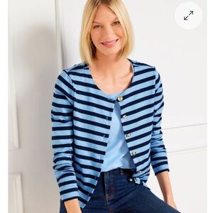TALBOTS Navy Patch Pocket Kent Stripe Lady Cardigan Shirt Jacket Womens LP